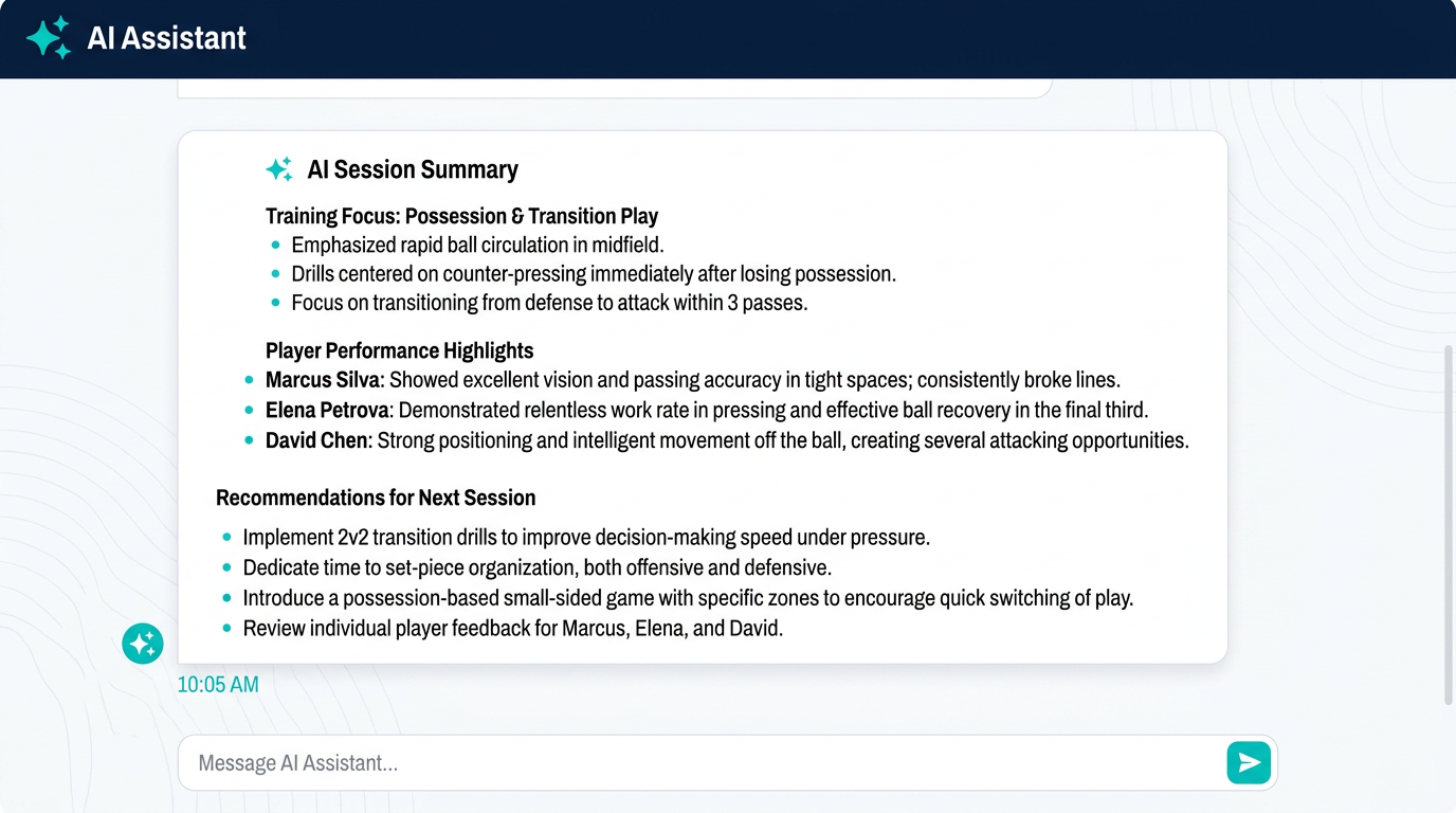IrisCoach AI coaching assistant showing a session summary with performance highlights