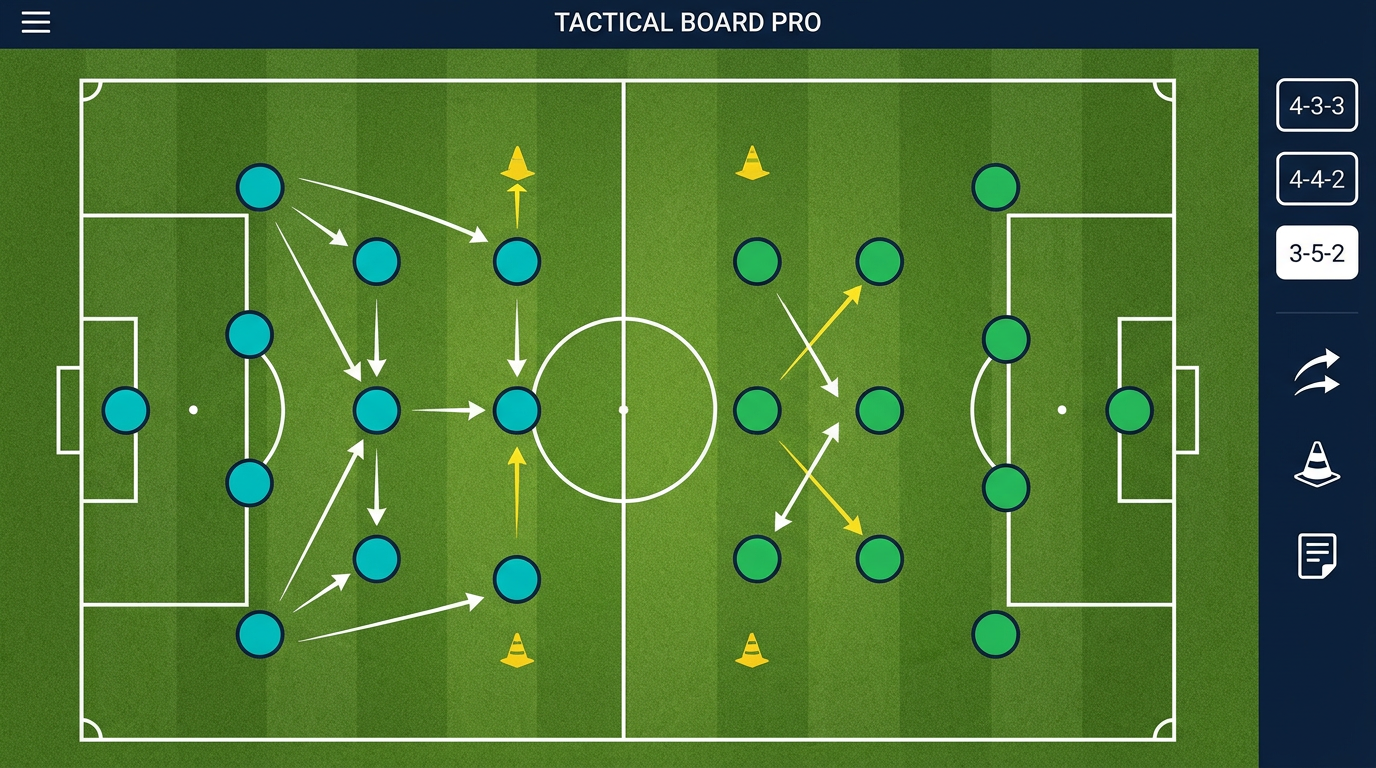 IrisCoach tactical board showing a 4-3-3 formation with player tokens on a soccer pitch